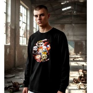 Villains Men's Graphic Long Sleeve Black T-Shirt w/Wild Graphics - Size Large